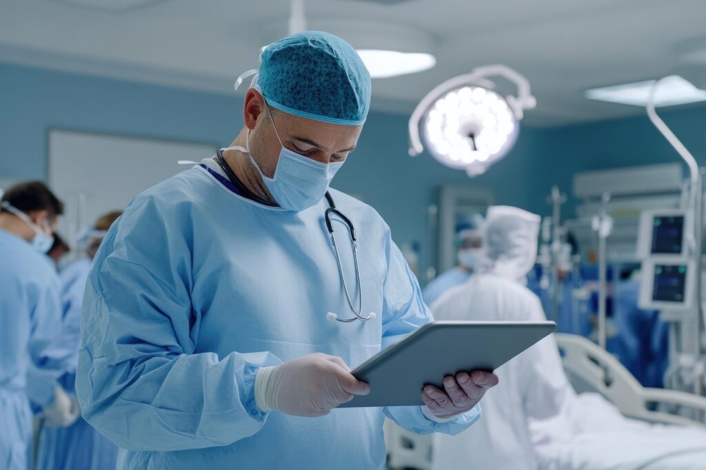 A doctor looking at patient health data on a tablet.