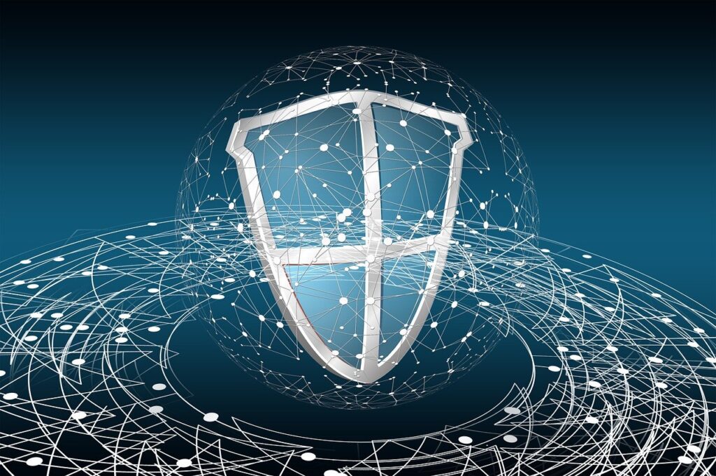 A shield on top and covered by data points, representing data protection and safeguarding data.