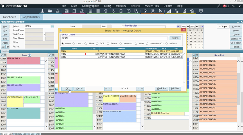 AdvancedMD Appointment Scheduler Screen.