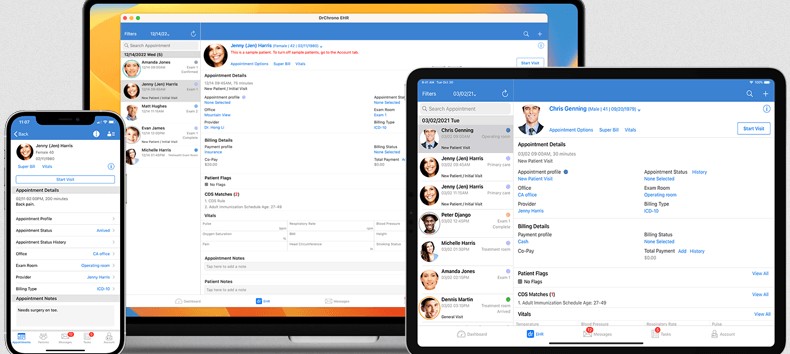 DrChrono - EHR Desktop, tablet, and cell - dashboard screens.