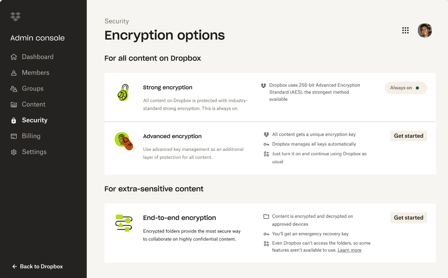 Dropbox End-To-End Encryption - Security Dashboard showing encryption options.