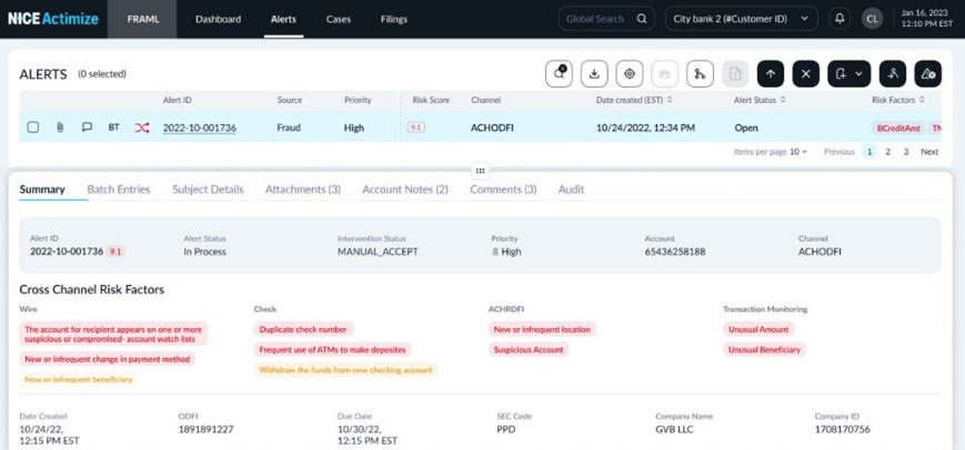 Nice Actimize FRAML Alert Dashboard.