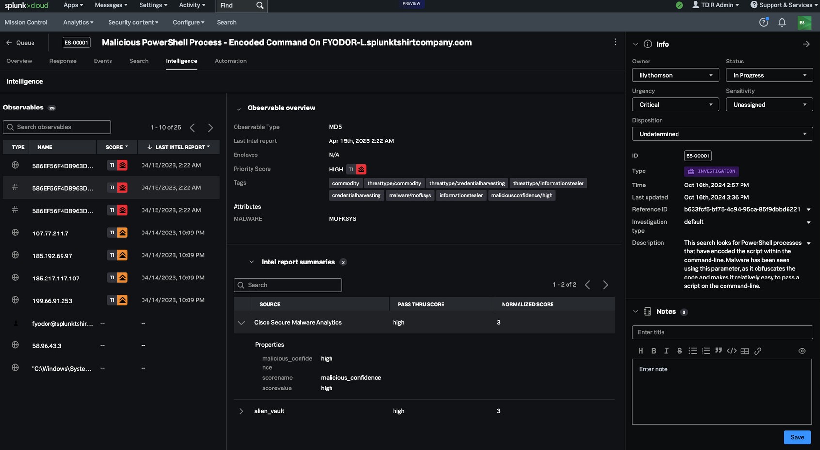 Splunk Intelligence Dashboard showing Observables.
