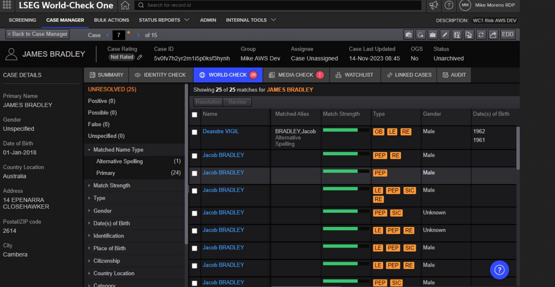 LSEG World-Check One Case Manager Dashboard for AML.