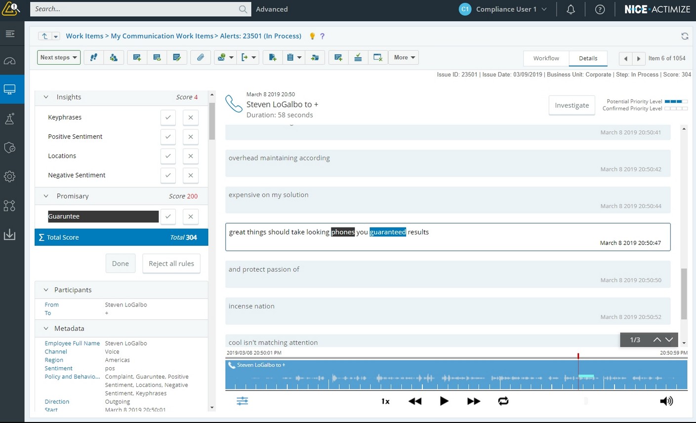 Nice Actimize Compliance Monitoring Dashboard.